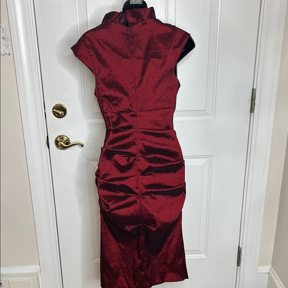 Chic Burgundy Ruffle Midi Dress - Picture 3 of 6